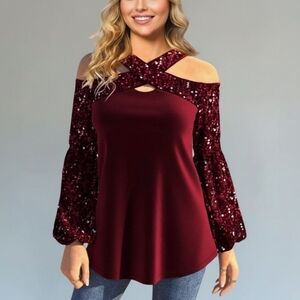 Burgundy Velour and Sparkling Sequins Cold Shoulder Top